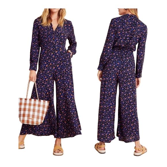 Anthropologie Women's Wide Leg Jumpsuit Size 12 Loveland Sapphire Button Front - Picture 1 of 14